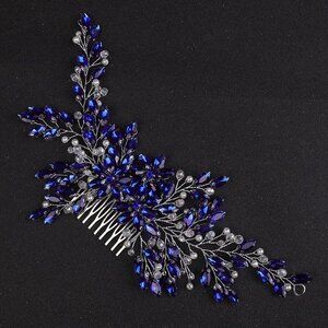 Women's Luxurious Bridal Hair Comb Headband with Large Blue Crystal Flower and P